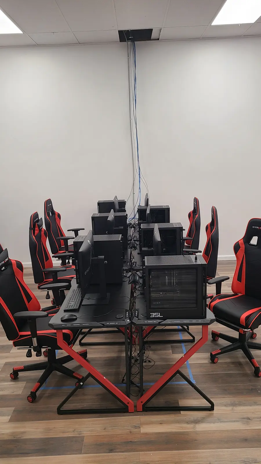 One of the gaming pods assembled, cables still to be run