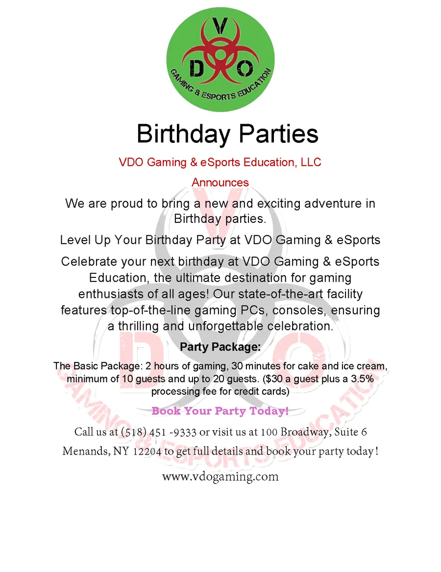 VDO Gaming birthday party package information